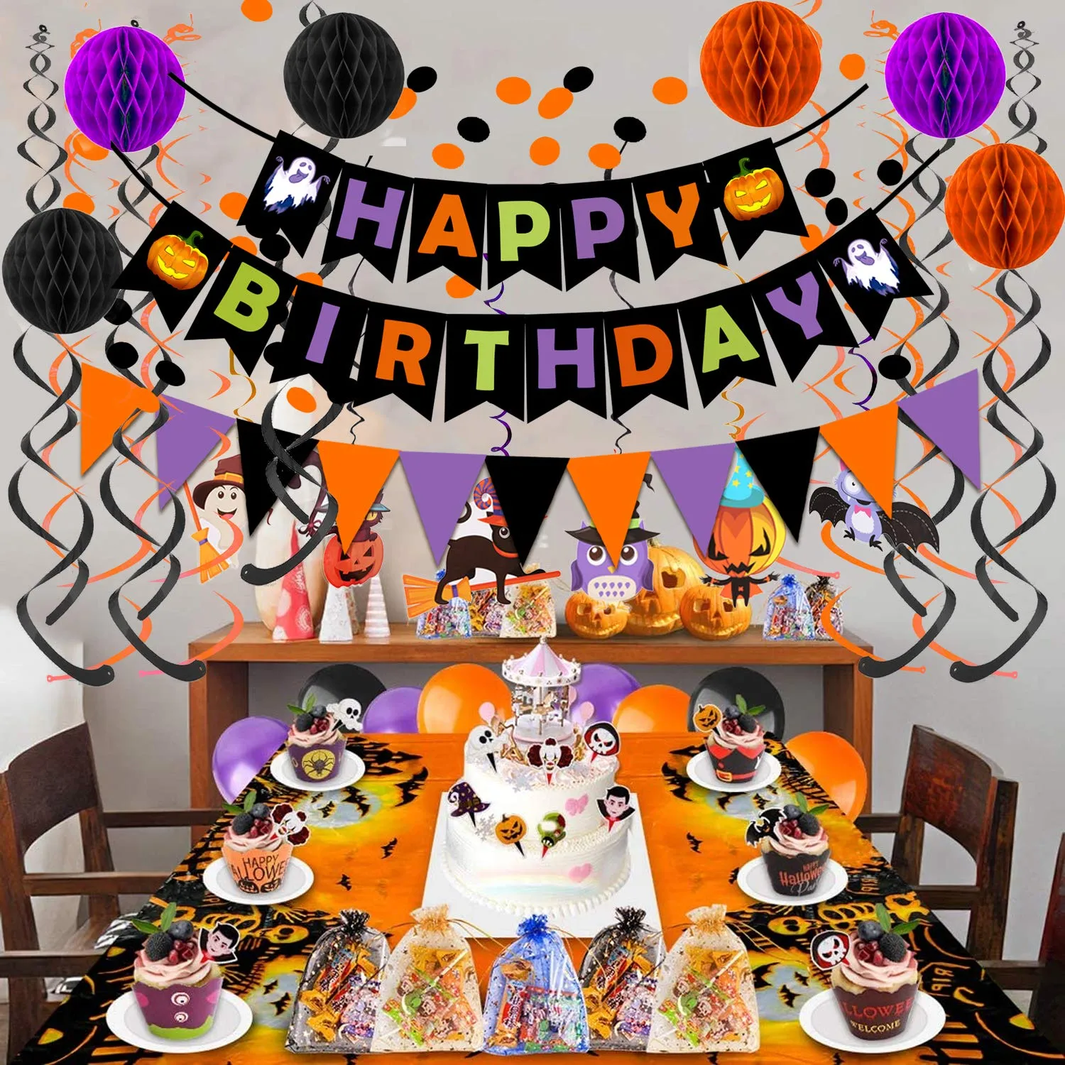 happy birthday banner paper triangle flag bunting circle confetti dots hanging garland honeycomb ball swirl streamers for halloween theme party birthday party decoration