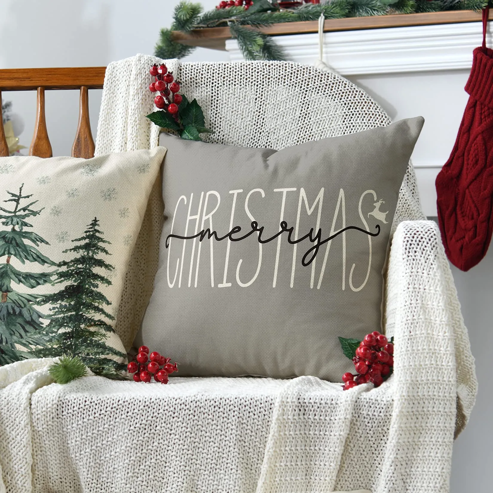 merry christmas tree hello winter throw pillow covers, 18 x 18 inch mistletoe pine spruce holiday cushion case decoration for sofa couch set of 4