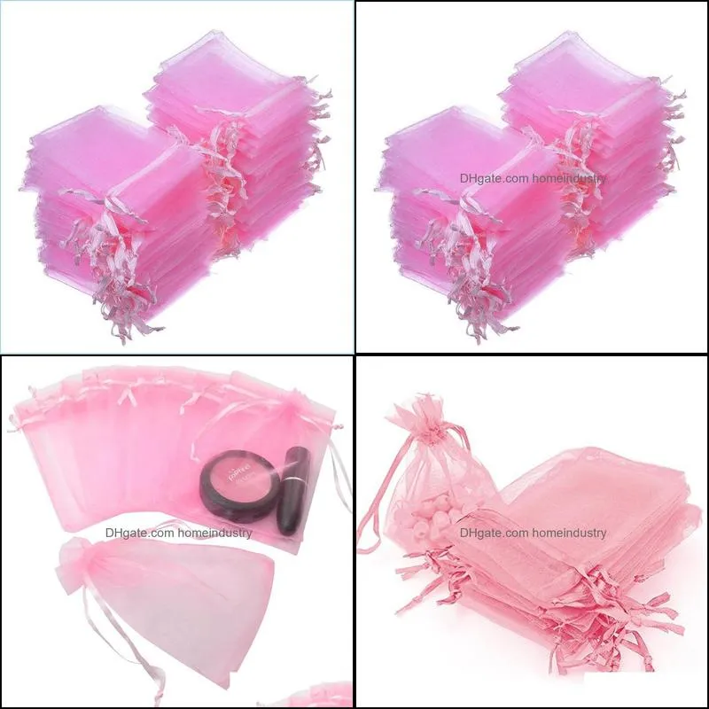 100pcs 7x9 9x12 10x15 13x18cm pink organza gift wrap bags jewelry packaging wedding party decoration drawable gift pouches 55