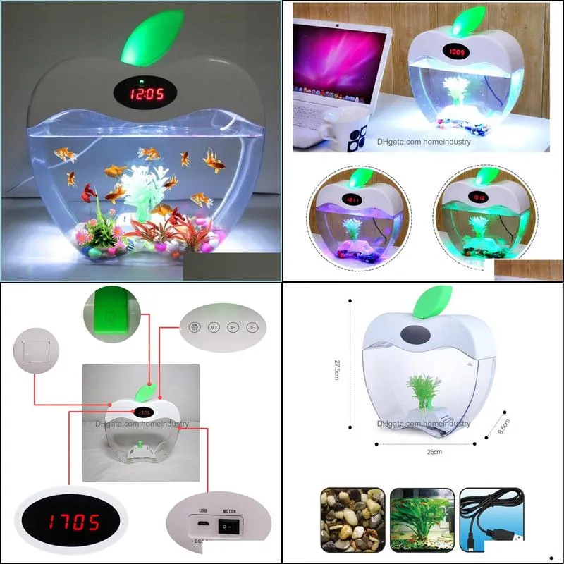 aquarium usb mini aquarium with led night light lcd display screen and clock fish tank personalise aquarium tank fish bowl d20 y200917