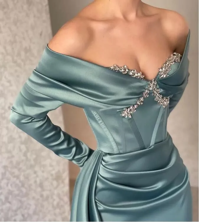 2023 Dusty Blue Mermaid Evening Dresses Off Shoulder Long Sleeve Pleated Stain Arabic Aso Ebi Boning Prom Occasion Gown