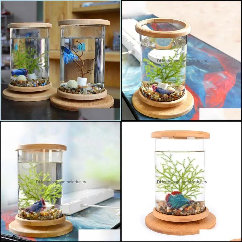 Aquariums Glass Betta Fish Tank Bamboo Base Mini Decoration