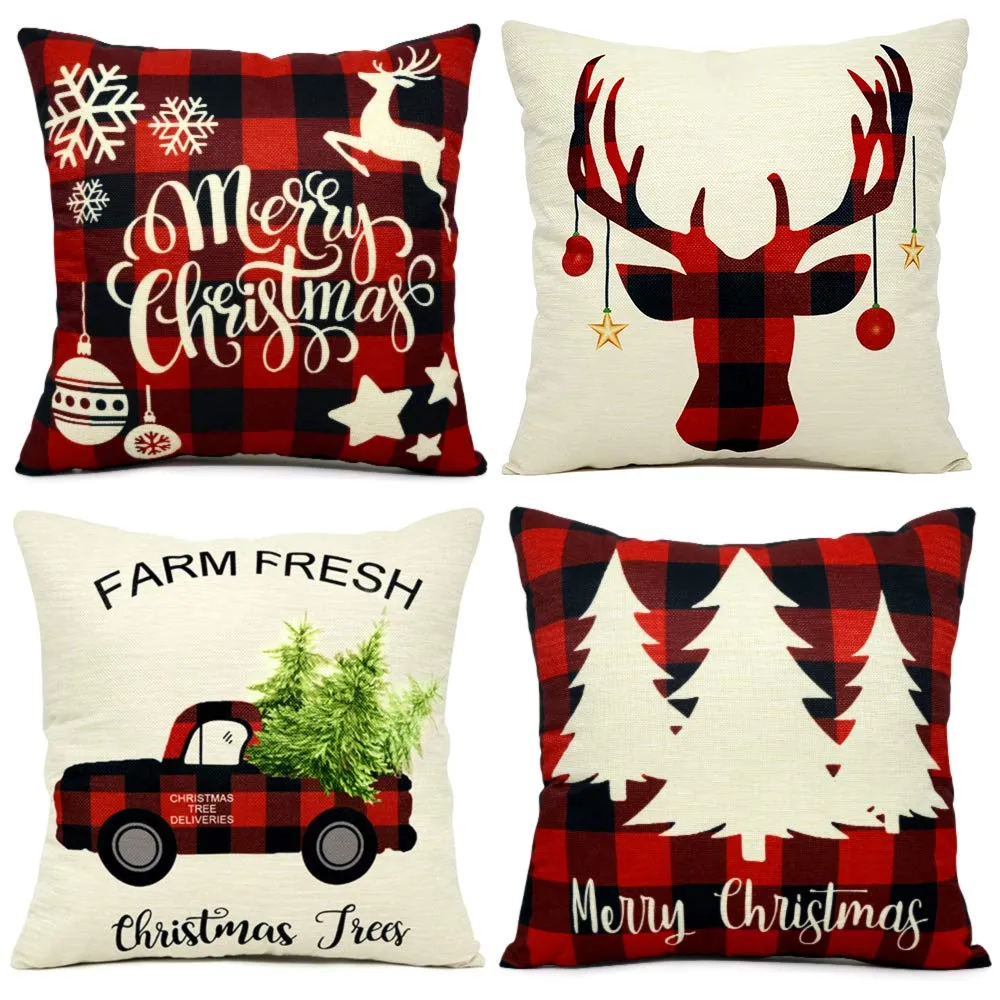 christmas farm farmhouse decorative throw pillow cover set of 4, xmas tree animals merry bright red tractor porch patio home decor, winter holiday rooster  plaid couch cushion case 18 x 18