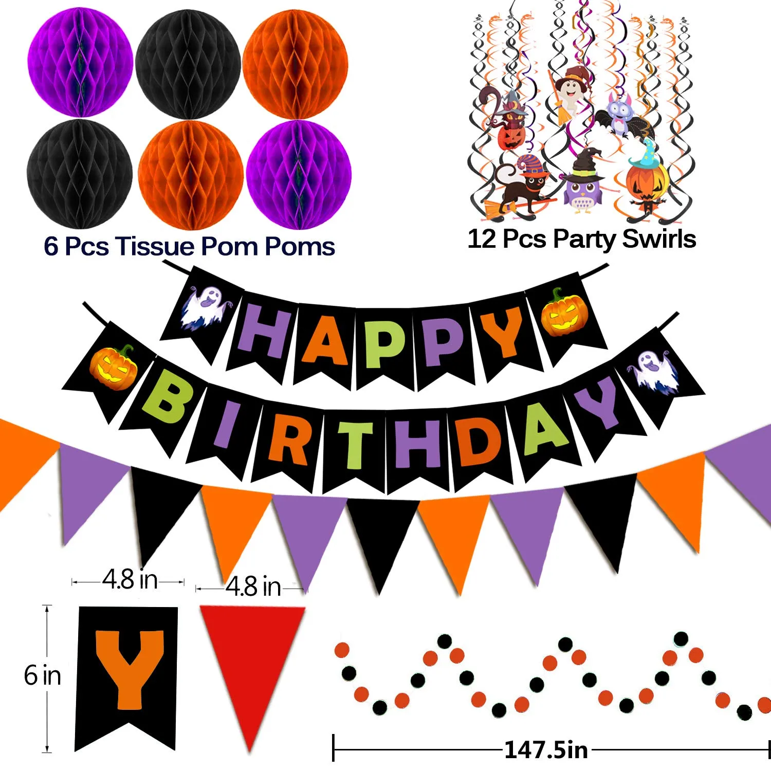 happy birthday banner paper triangle flag bunting circle confetti dots hanging garland honeycomb ball swirl streamers for halloween theme party birthday party decoration