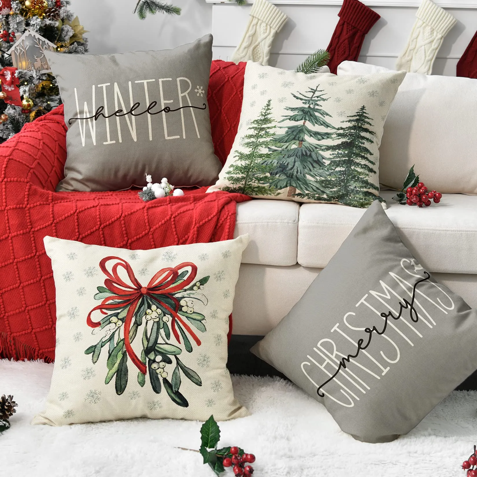 merry christmas tree hello winter throw pillow covers, 18 x 18 inch mistletoe pine spruce holiday cushion case decoration for sofa couch set of 4