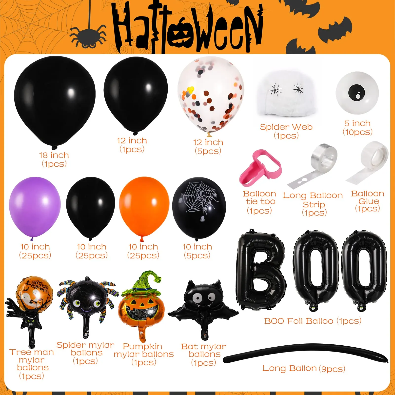halloween balloon arch garland kit, balloon bouquet kit, latex balloons for halloween decorations, balloon tie tools, balloon strip tape, adhesive dots for halloween party