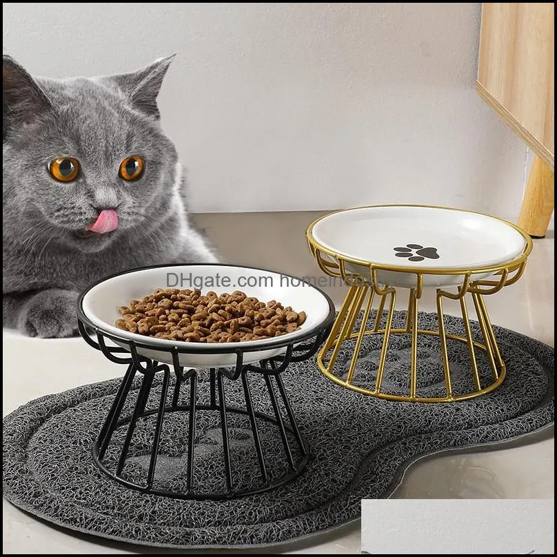 fashion highend pet bowl various cartoon paw patterns stainless steel shelf ceramic feeding for dog and cat feeder y200917