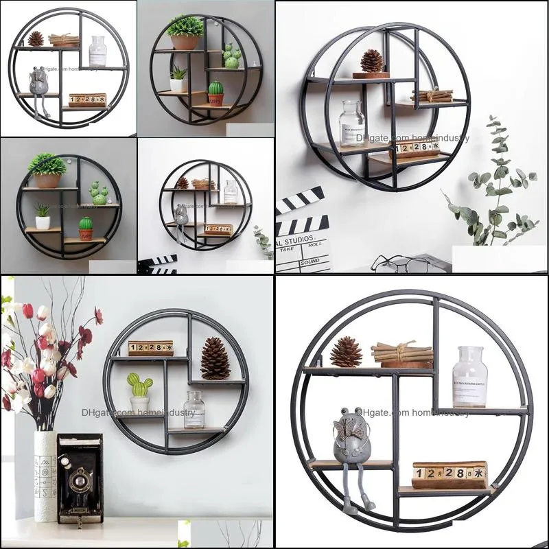 retro round wooden metal wall hanging shelf office sundries art storage rack home decorative craft holder racks y200429