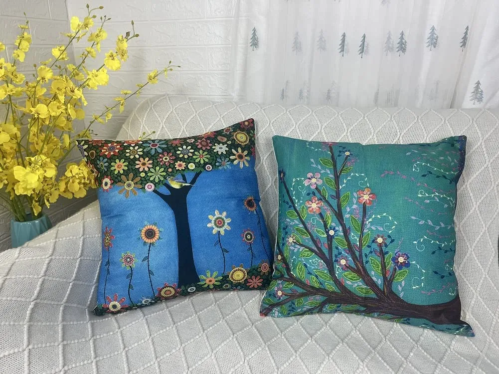 set of 4 spring bird tree throw pillow covers18*18 inch decorative couch pillow cases cotton linen case square cushion covers for living room, bed, sofa and car (blue teal)