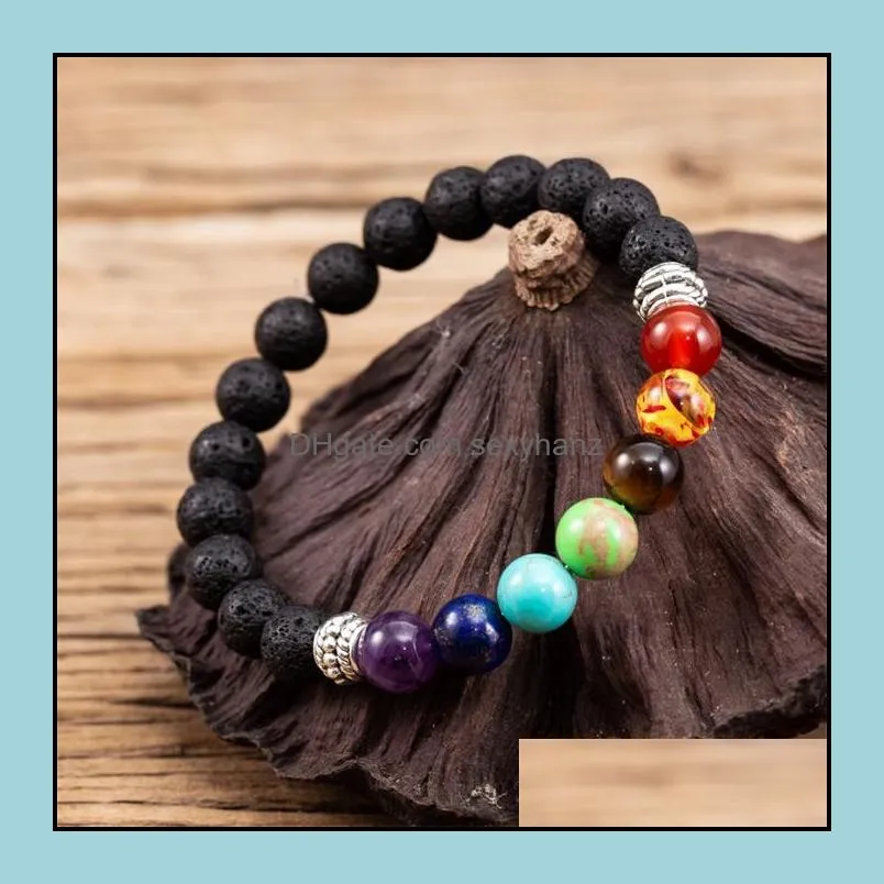 RetrO Silver Gold 7 Chakras Charms 8mm Black Lava Stone Bracelet DIY Aromatherapy Essential Oil Diffuser Bracelets Buddha Mala Yoga