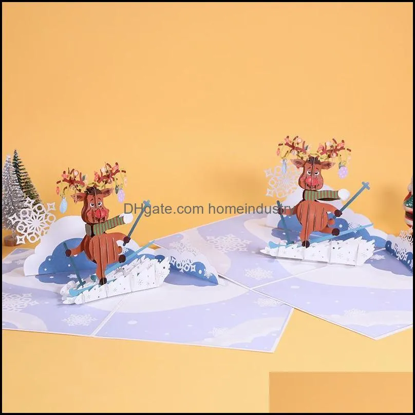 Greeting Cards Reindeer Skiing 3D Stereo Card With Envelope Up Design Friends Family Gifts Christmas Wishes Postcard