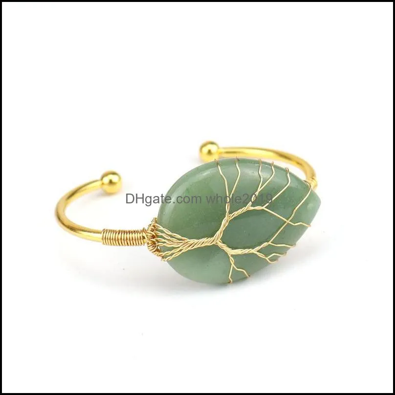 Life of Tree Waterdrop Gemstone Cuff Bracelet for Women Girls Healing Chakra Crystal Friendship Bangle Charms Jewelry