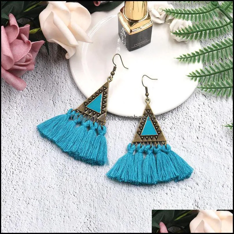 2019 vintage ethnic triangle tassel dangle earrings for women bohemian long fringed geometric drop earring statement jewelry gift