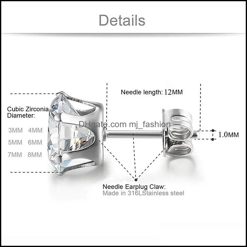 new arrival 3mm-8mm clear cubic zirconia stud earring for women girls silver gold rose gold plated stainless steel wedding earrings