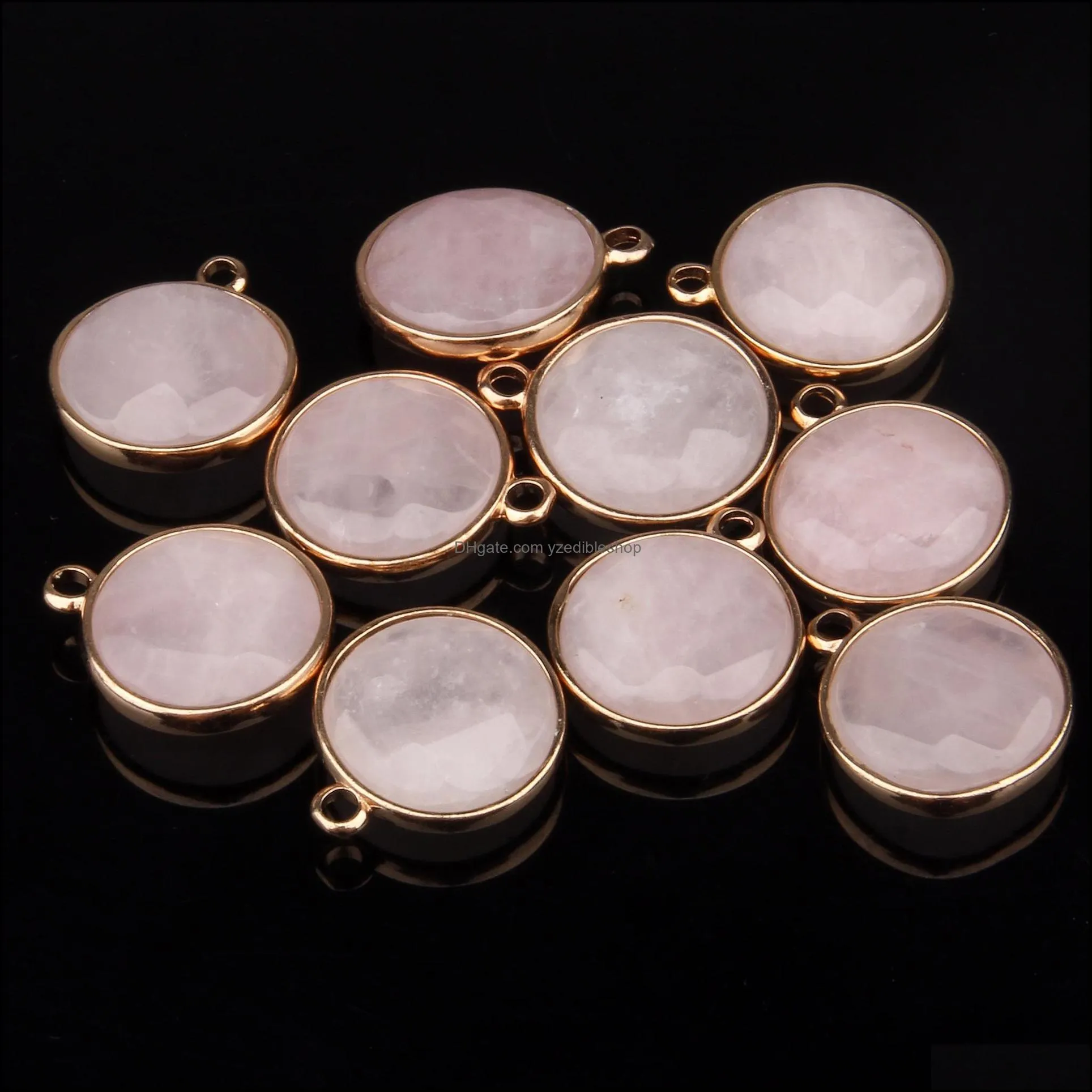 wholesale flat round charms natural stone rose quartz tiger eyes pendant diy for druzy necklace earrings or jewelry making 18x21x7mm