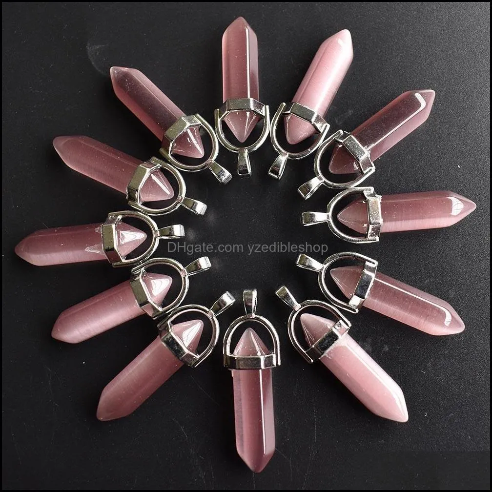 fashion cat eye hexagon stone pillar point charm handmade pendant for jewelry pendants necklace making wholesale