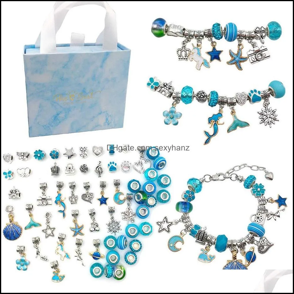 cartoon children crystal glass bead bangle bracelets diy kits for handmade jewelry makings with gift box pink blue ocean animal charm bracelet women girls