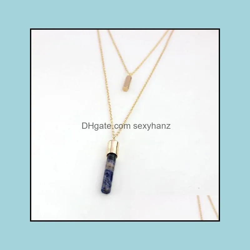 Fashion Pink Cylinder Gold Color Natural Stone lapis lazuli bar statement necklace For Women Girl brand Jewelry