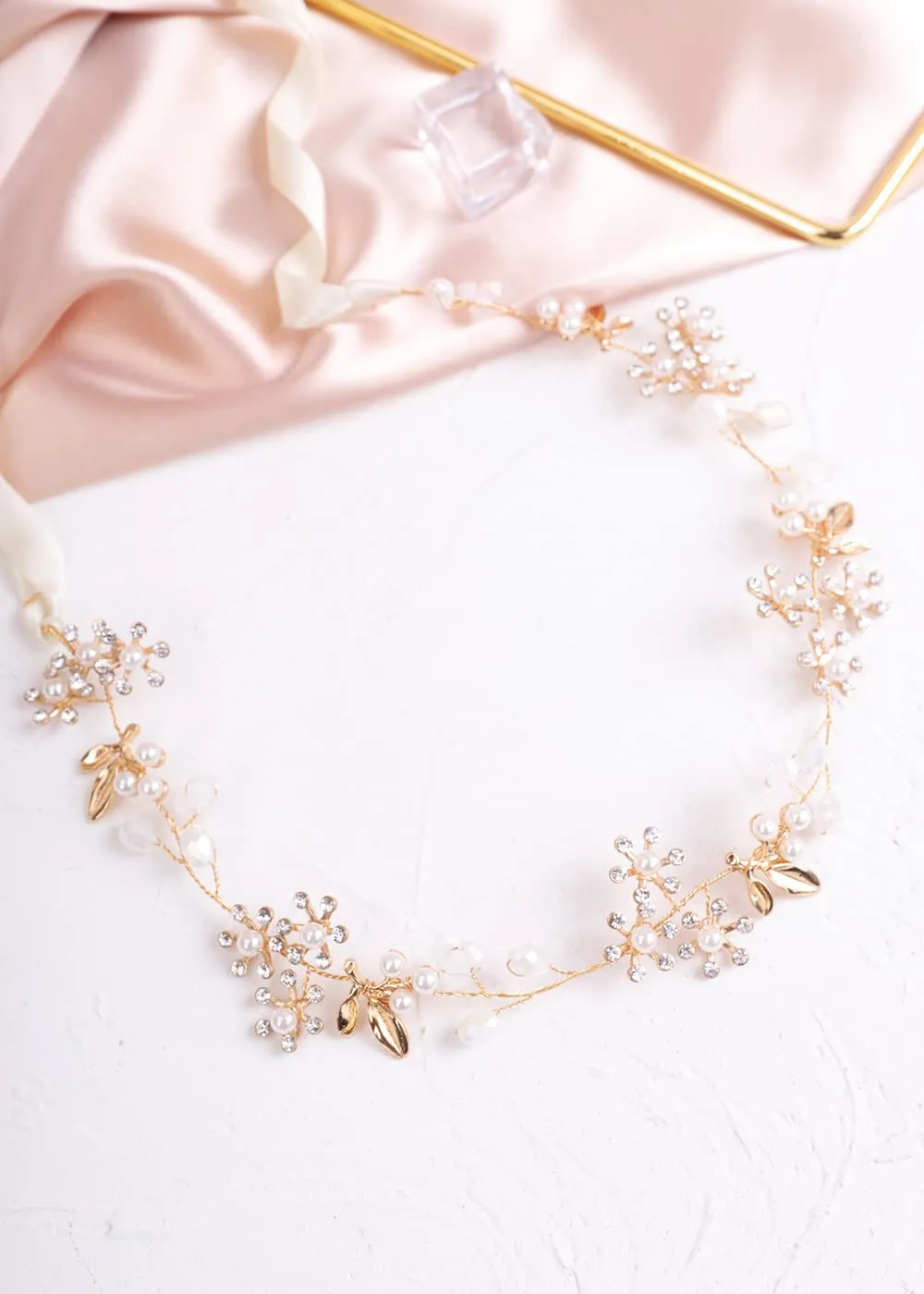 wedding bridal gold hair vine with crystal and rhinestones pearl headband for women and girls ball and prom hair jewelry