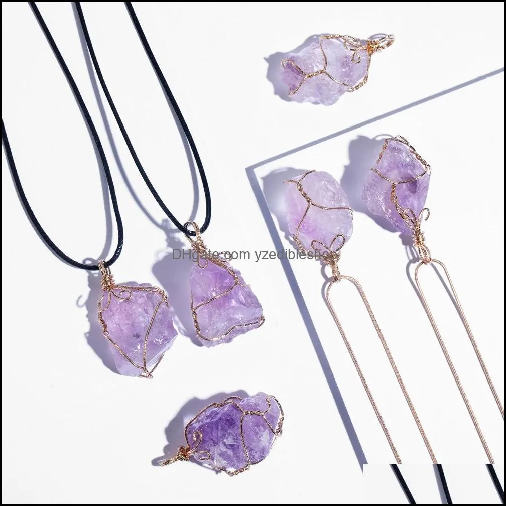 long chain natural raw crystal pendant necklace roungh tumbled rock stone healing irregular handmade yoga jewelry for women