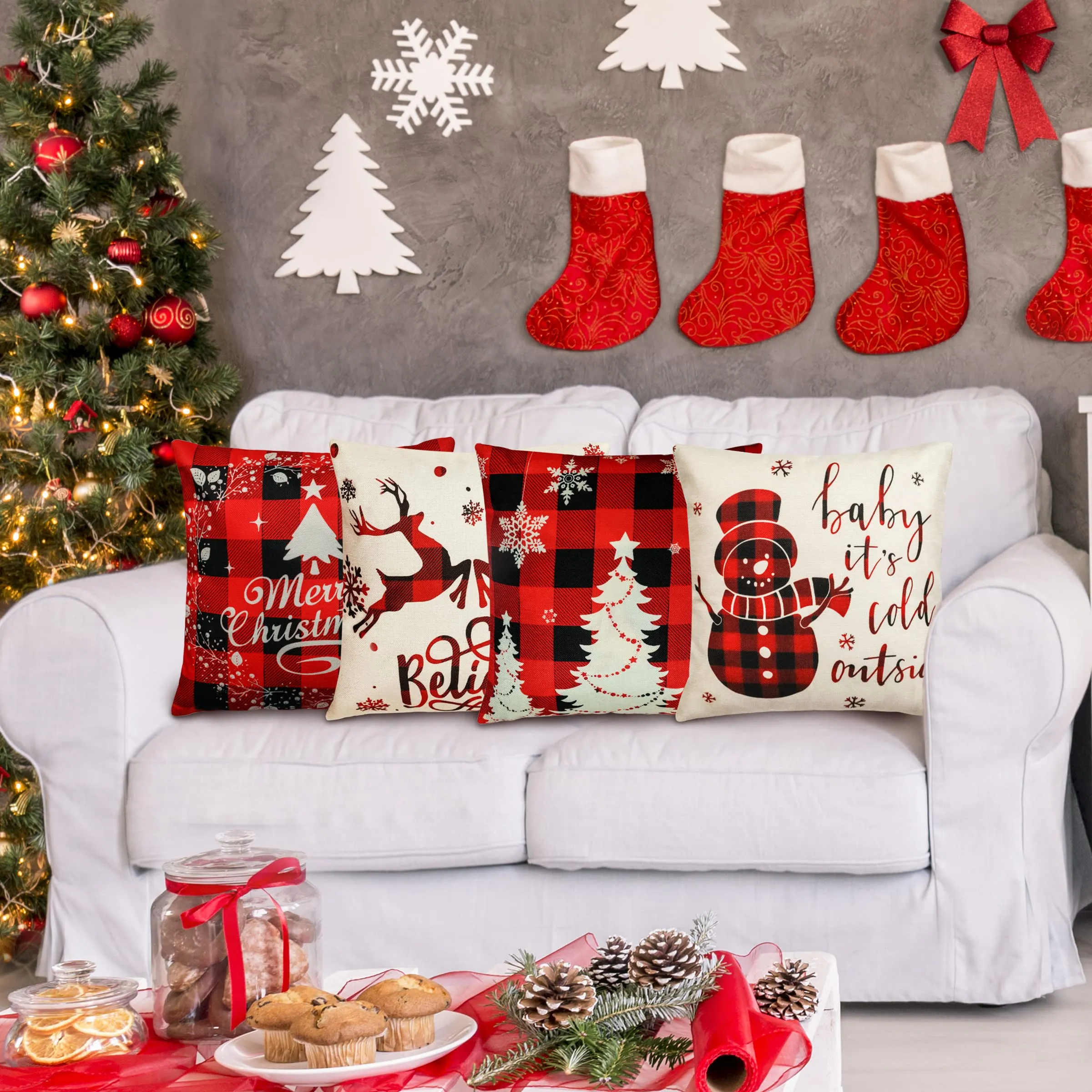 christmas pillow covers 18x18 inch set of 4 farmhouse christmas pillow covers christmas pillow cases for sofa couch christmas decorations throw pillow covers
