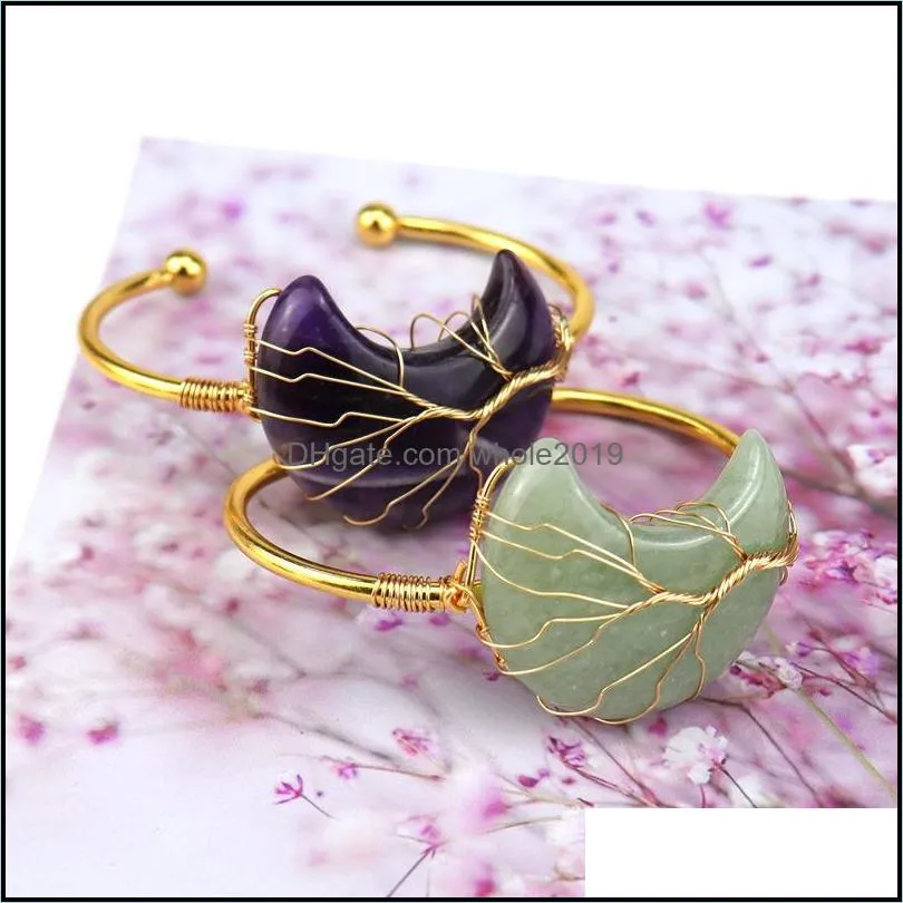 Stone Moon Cuff Bracelet for Women Girls Handmade Gold Wire Woven Lift of tree Healing Chakra Crystal Friendship Bangle Charms Jewelry