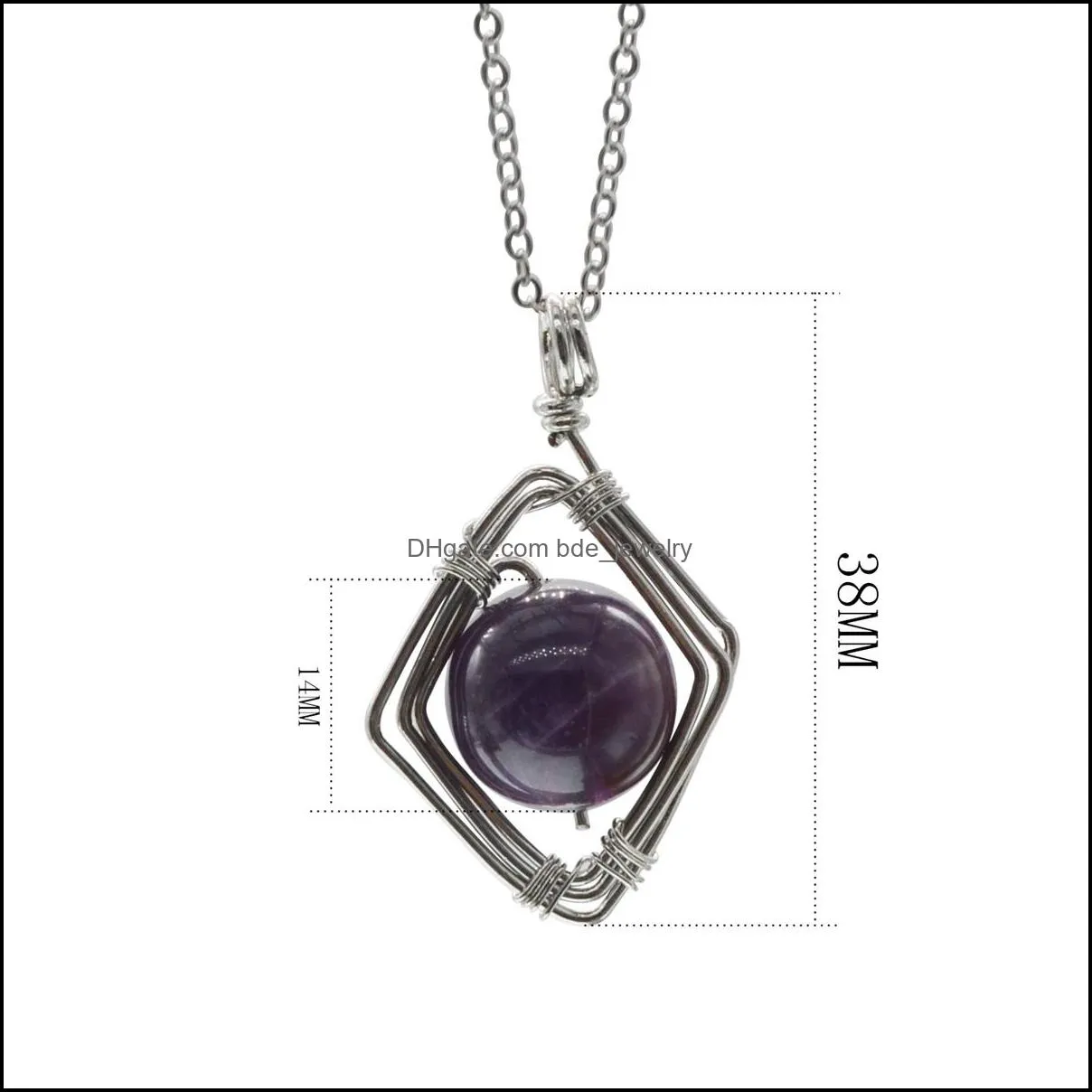 healing crystal ball gemstone necklace reiki jewelry natural 14mm bead round stone wire diamond pendant