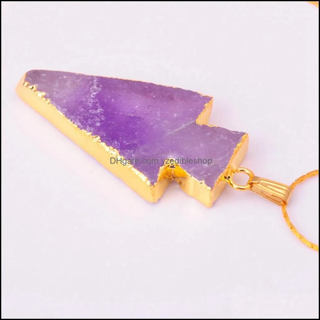 raw natural gem stone gilding arrowhead pendant necklace rose quartz amethyst