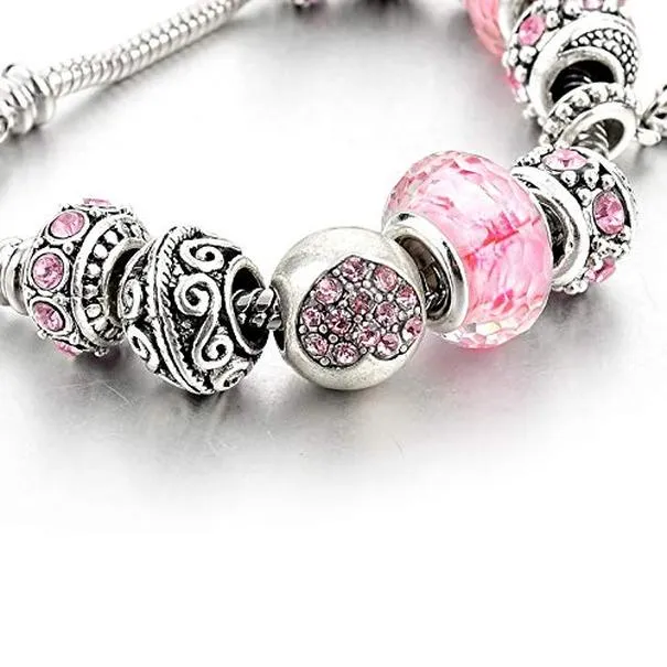 silver tone chain pink crystal love heart bead glass charm bracelet with extender 7 5add1 5 