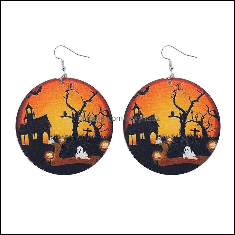 christmas halloween wooden metal dangle earrings for women girls round pumpkin spider skulls snowman print drop earring jewelry bulk wholesale