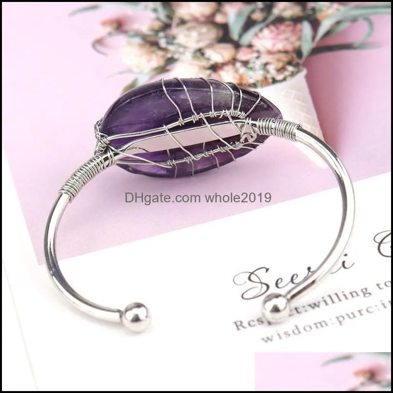 Life of Tree Waterdrop Gemstone Cuff Bracelet for Women Girls Healing Chakra Crystal Friendship Bangle Charms Jewelry