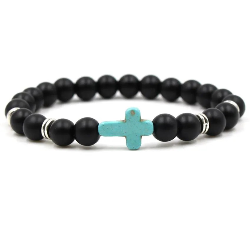 Charm Natural Stone Cross Bracelet Faith Black Matte Lucky Beads Bracelets Handmade Men Women Prayer Fitness Couple Jewelry Gift