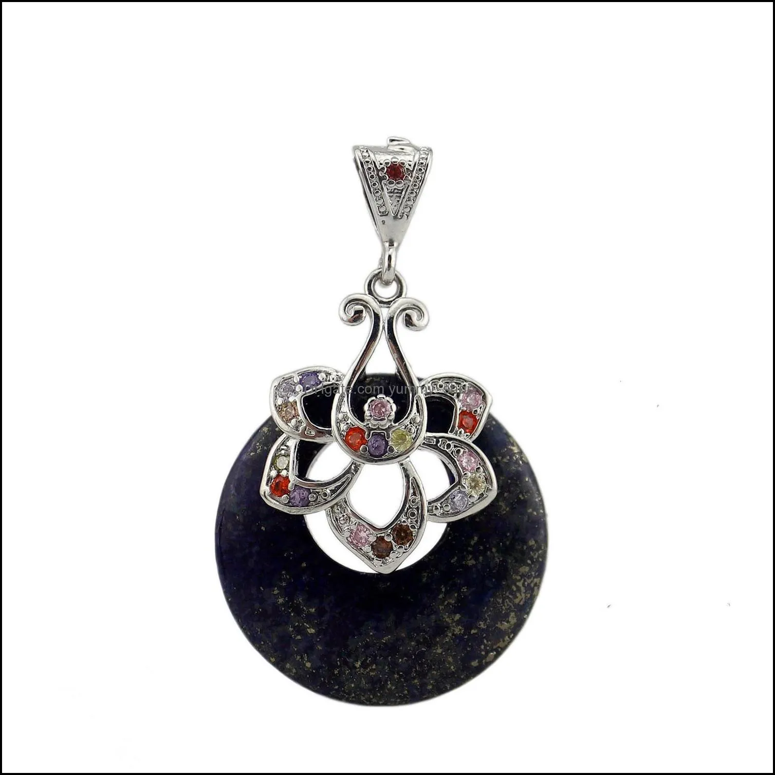 Agate Donut Pendant Circle Stone Pendants Jasper Crystal with diamond zircon flower Gemstones Beads Healing Crystals