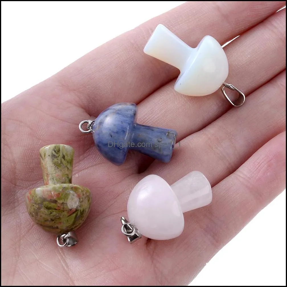 Natural Crystal Stone Mushroom Charms Rose Quartz Green Brown Stones Pendant for DIY Jewelry Making Necklace Wholesale