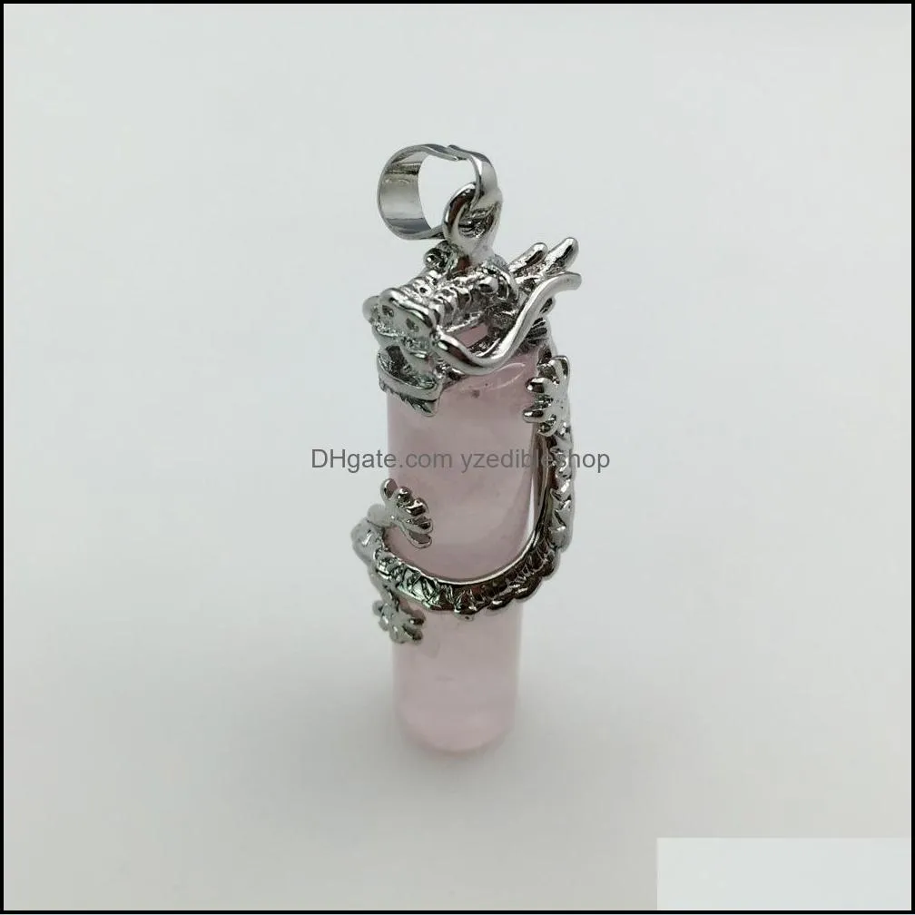 natural crystal dragon holding cylindrical shape chakra stone charms rose quartz pendants for jewelry accessories diy making wholesale