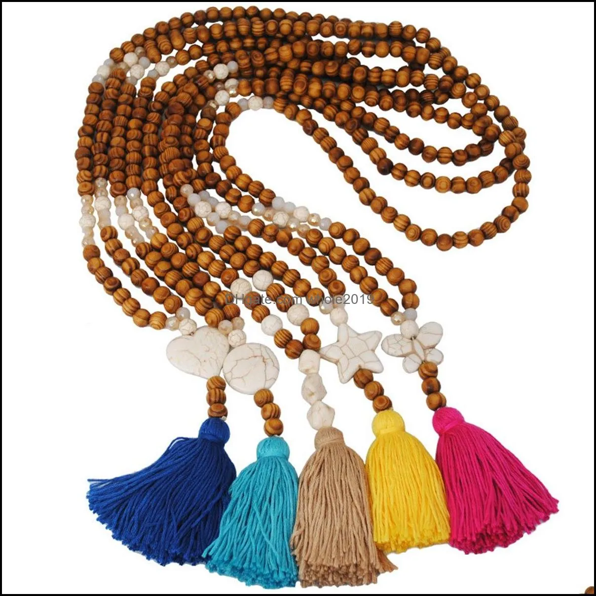 Long Statement Tassel Pendant Necklace Handmade Knotted Wood Beads Buddha Jewelry for Women Girl Wooden Stone Necklaces