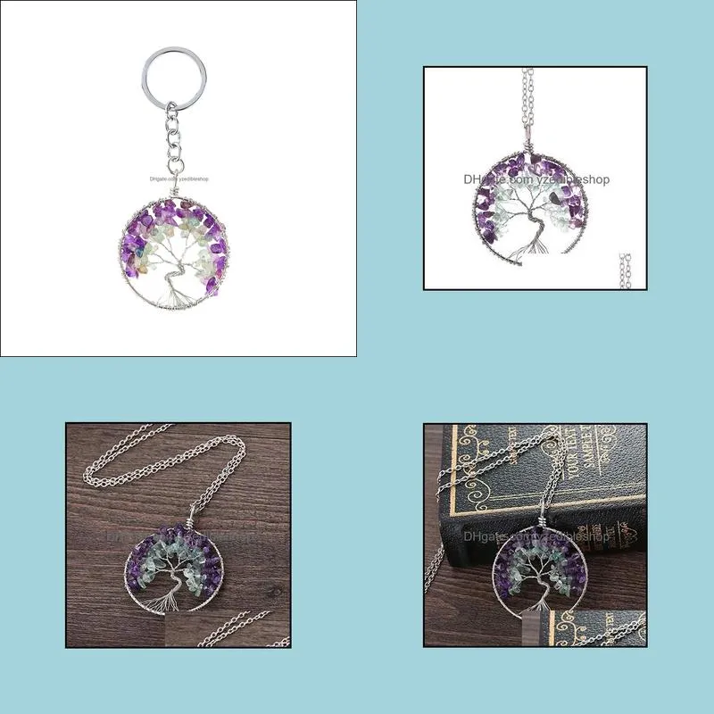 tree of life keychain natural crystal stone handmade diy keychain amethyst charm pendant necklace cheap wholesale