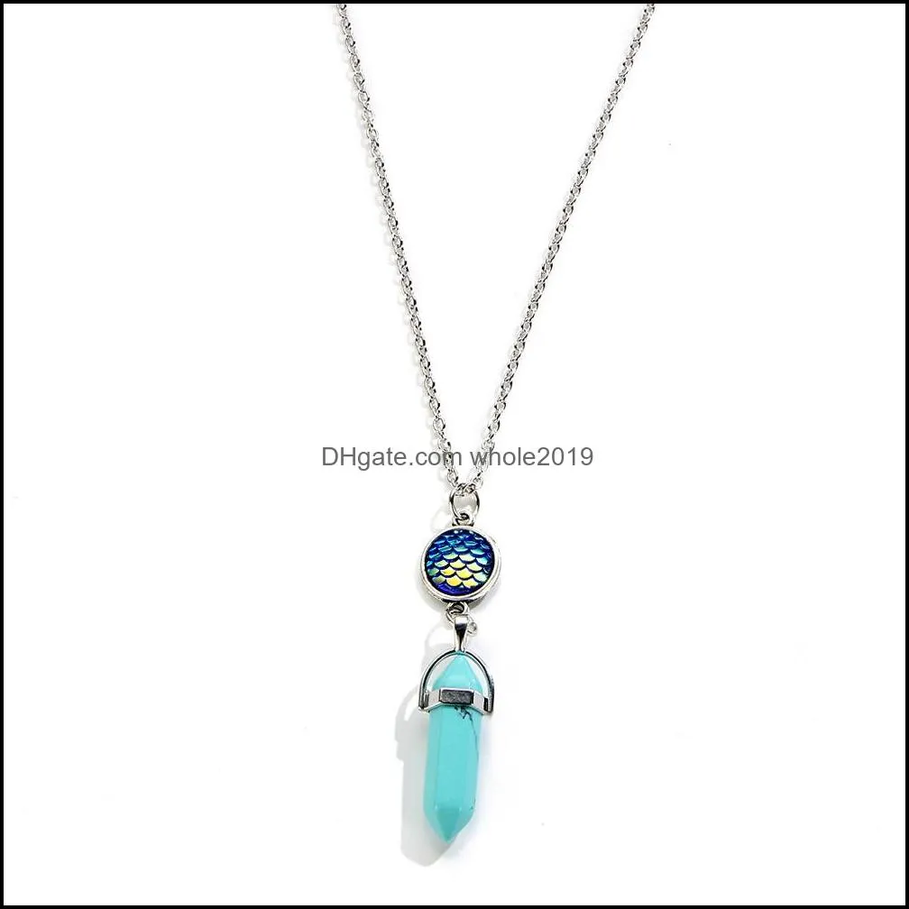 2017 Hexagonal Column Natural Stone Pendant with Fish Scale Chakra Necklace Crystal Quartz Charms Silver Chain Collana Colier