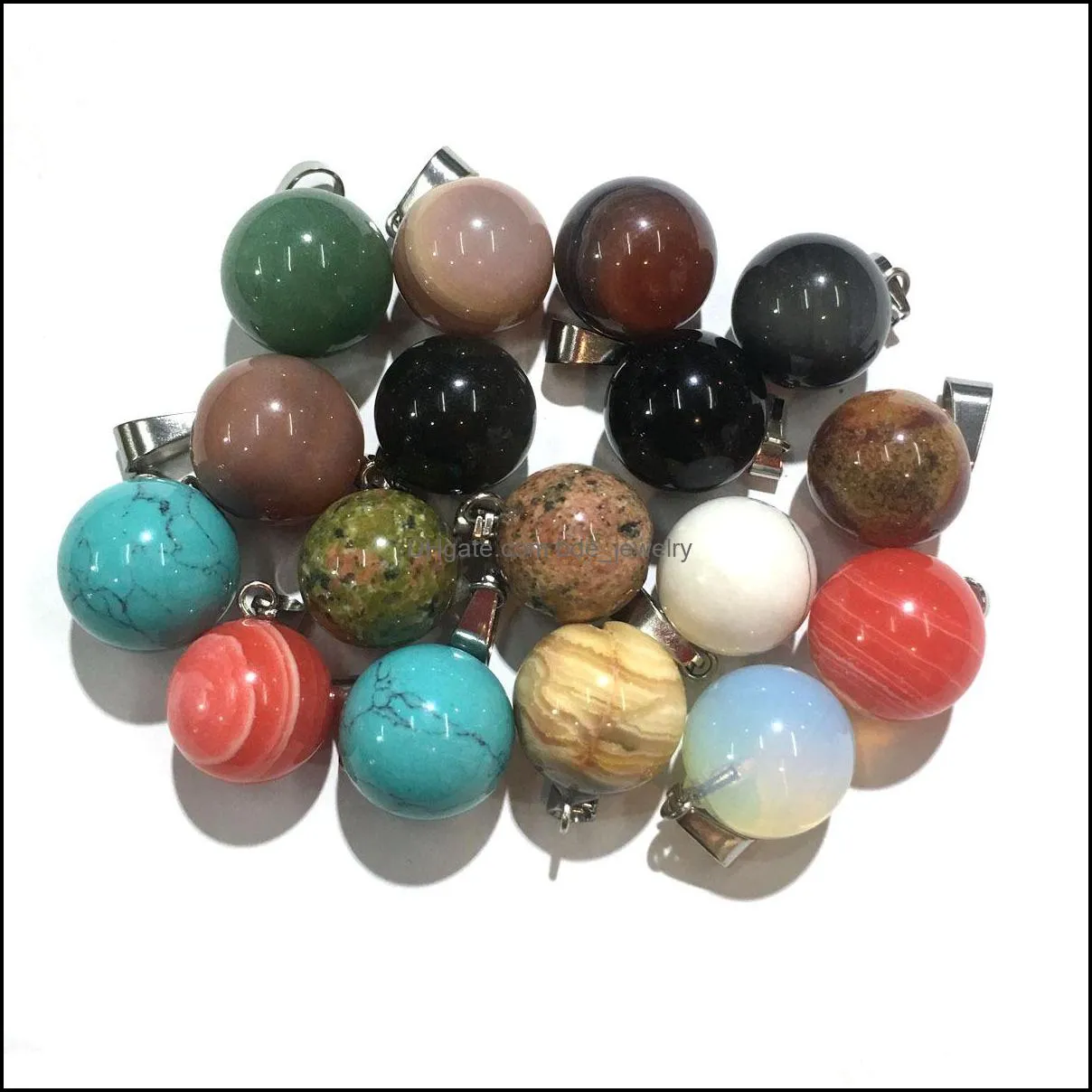 round gemstone pendants necklace natural dangle 14mm ball crystal charms healing chakra stone charm sphere jewelry 45cm black leather