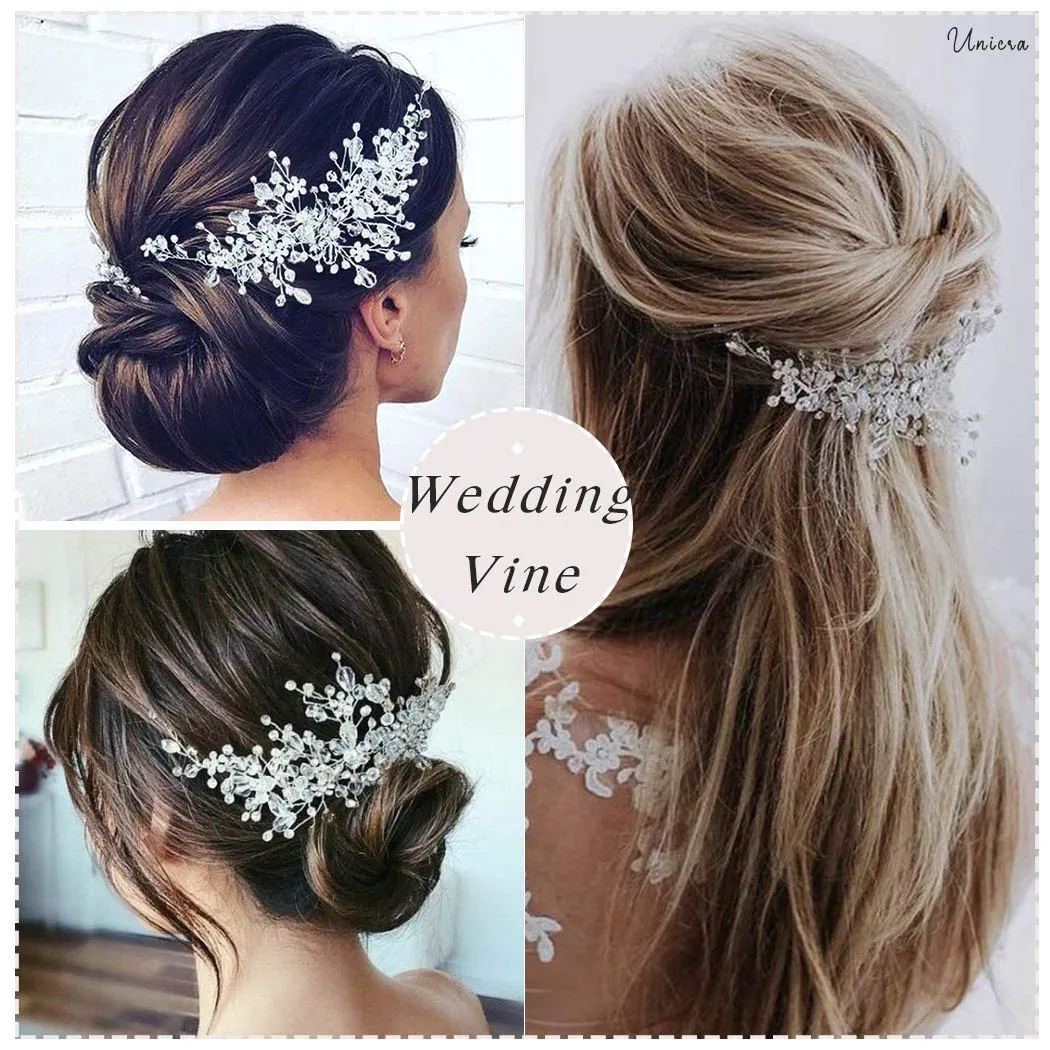 bride flower wedding hair vine crystal bridal hair piece rhinestone party hair accessories leaf hair jewelry bead headpiece for women and girls gold