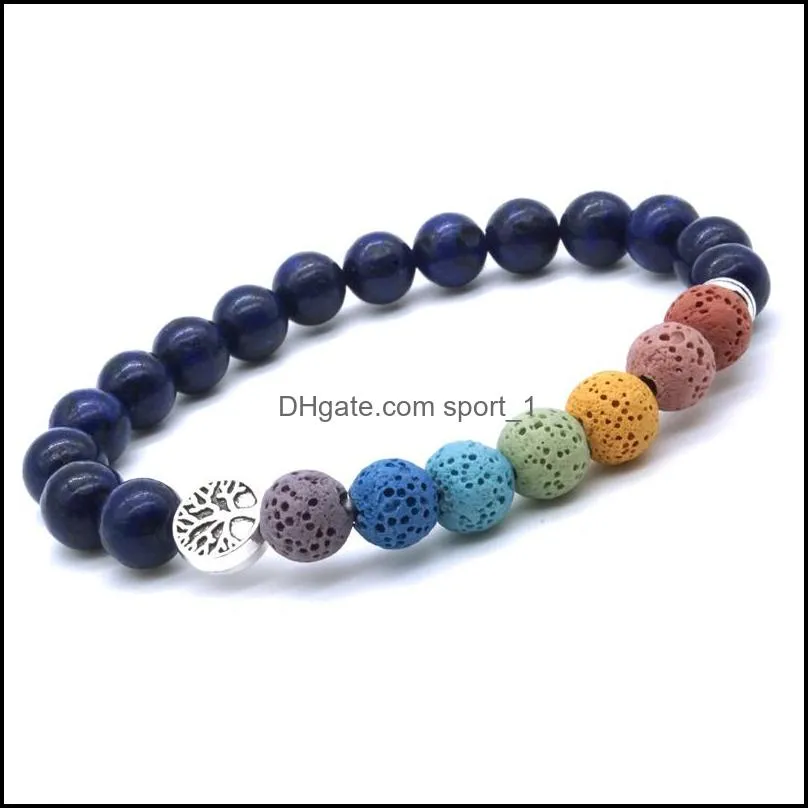 Tree of Life 8mm Seven Chakras Bracelet Lava Stone Tiger Eye Lapis Lazuli Beaded Bracelets Essential Oil Diffuser Yoga Jewelry