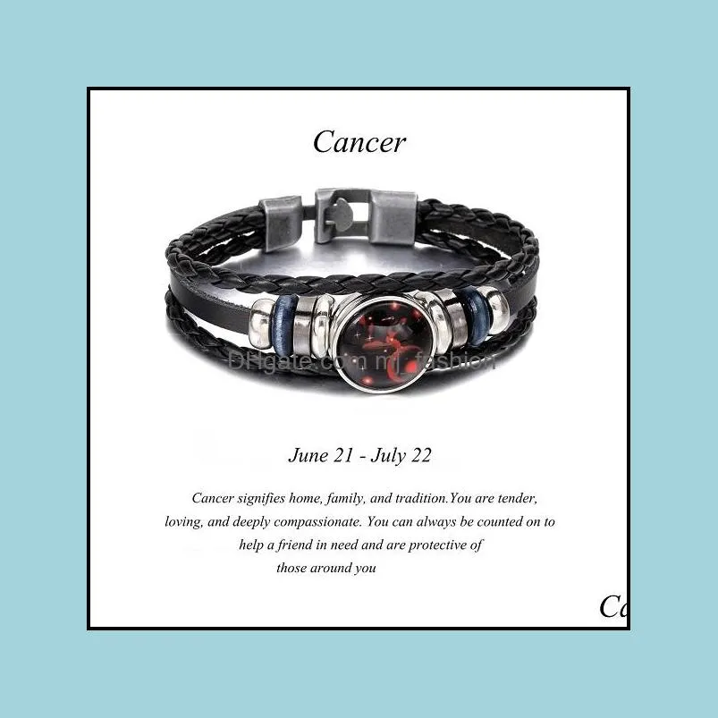 2019 fashion 12 zodiac constellation mulitilayer leather bracelet for men handmade adjustable size black bracelet birthday jewelry