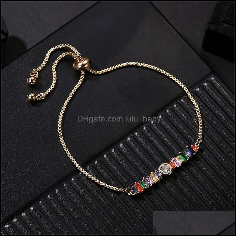 women girls gold rainbow bar crystal charm bracelet adjustable chain tennis colorful cubic zirconia bangle party wedding bracelet