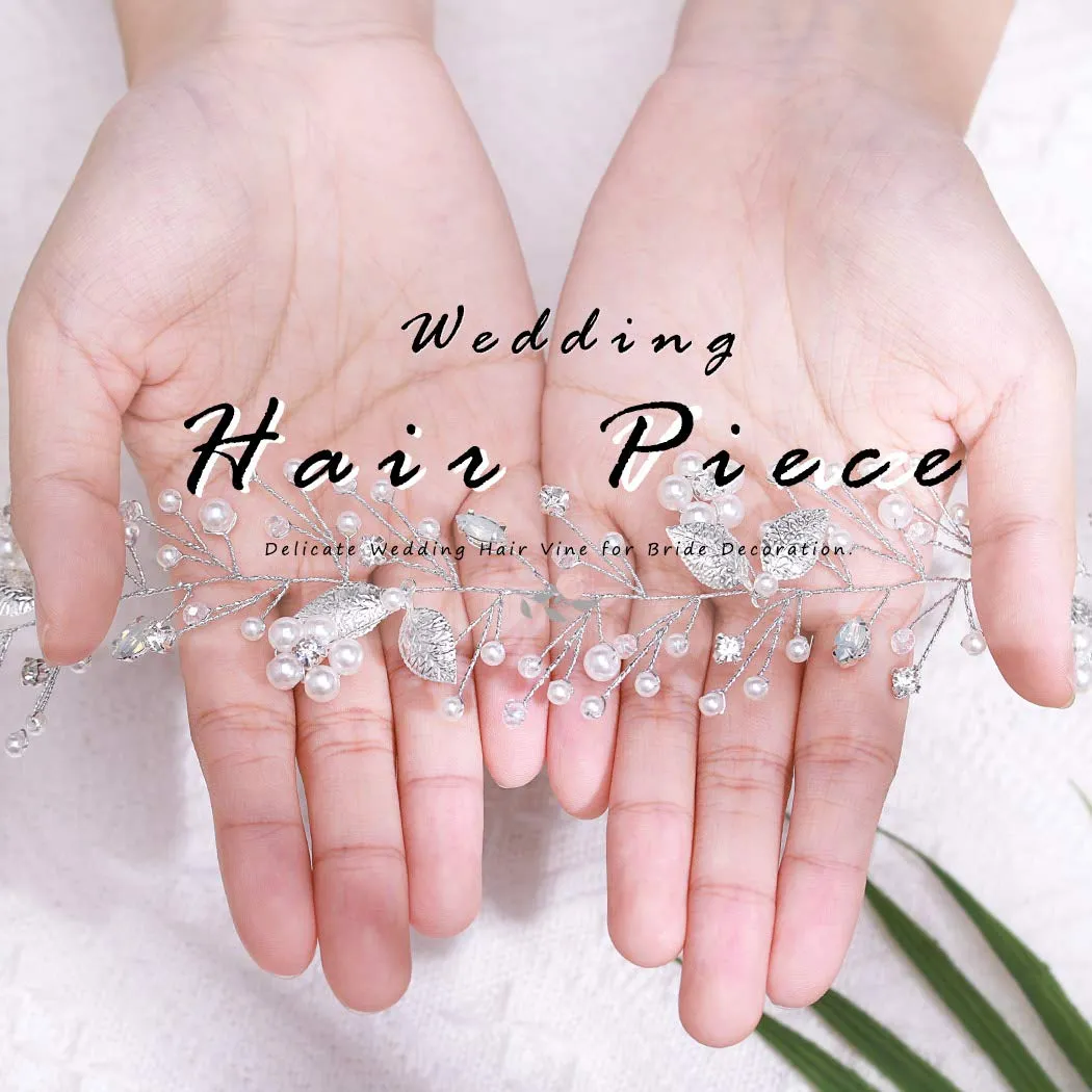 bride pearl wedding hair vine leaf hair piece bridal headpiece silver hair accessories for women and girls hv133