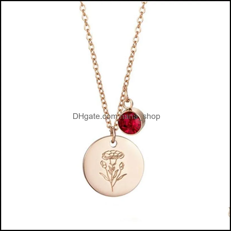 shiny birthstone 12 months flower necklace dainty rose gold coin engraved stainless steel pendant necklaces for women gift mother`s day