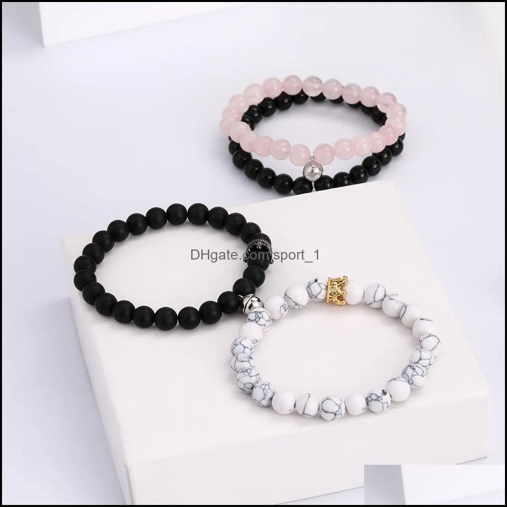 Women Men Lover Chic Magnet Friendship Bracelets for Couples 8mm Pink White black Stone Stretchy Beaded Bracelet Statement Jewelry