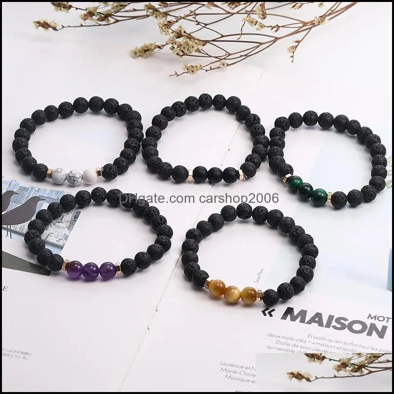 8mm high quality natural black volcanic stone beads charm bracelet for men handmade elastic tiger eye stone tbracelet fashion jewelry