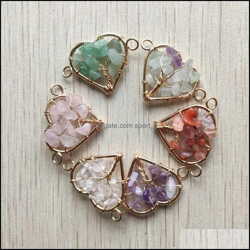 Natural Stone Pendants Heart Shape Charms Reiki Heal Tree of Life Connectors for Jewelry Making Diy Women Necklace Gifts