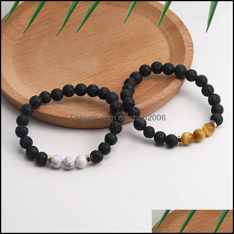 8mm high quality natural black volcanic stone beads charm bracelet for men handmade elastic tiger eye stone tbracelet fashion jewelry