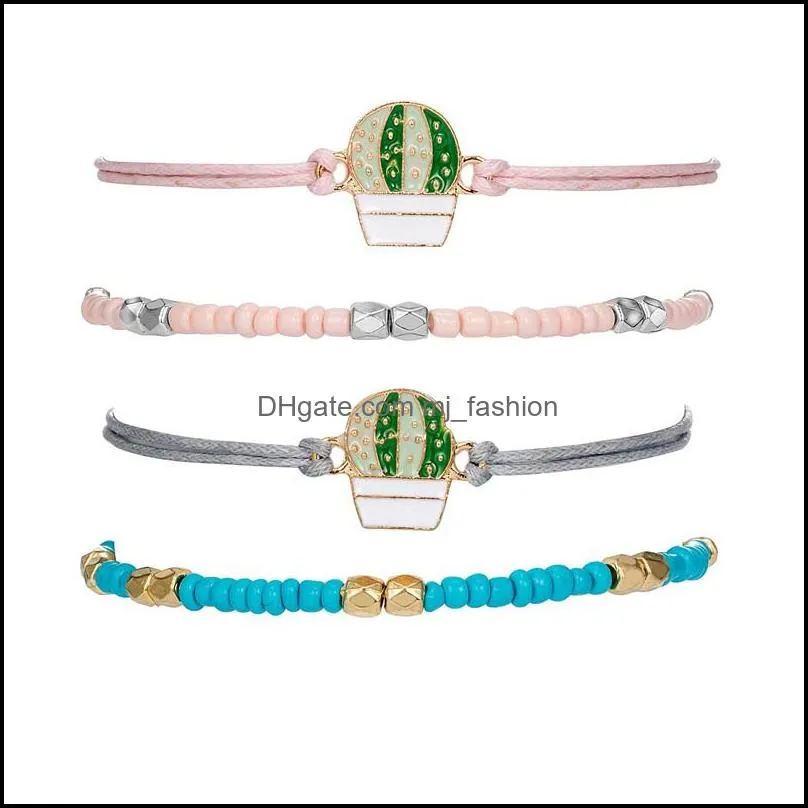 4pcs/set 2019 new cute pink blue beaded colorful rope mutilayer bracelet anklet set for women girl boho adjustable cactus layered